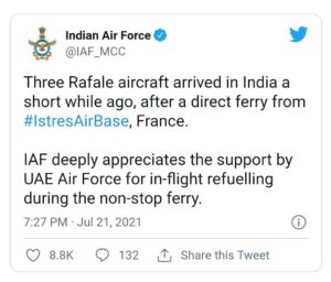 फ्रान्स मधून भारतात येणाऱ्या लढाऊ विमानांना UAE वायुदलाने केली इंधनाची मदत