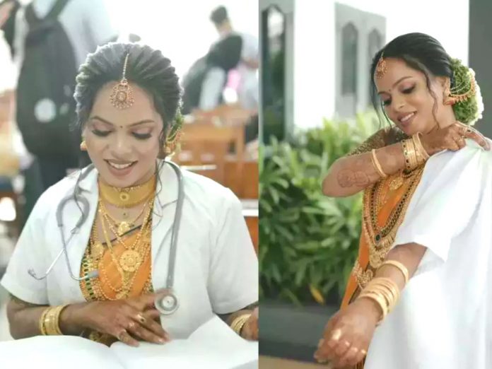 kerala-bridal-wear-lab-coat-over-saree-to-attend-practice-test-on-her-wedding-day