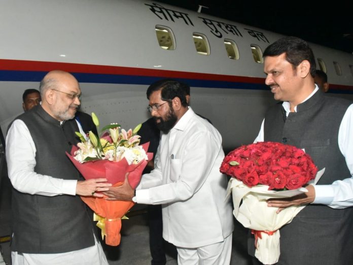 Amit Shah Arrival Mumbai Eknath Shinde Devendra Fadnavis welcomed